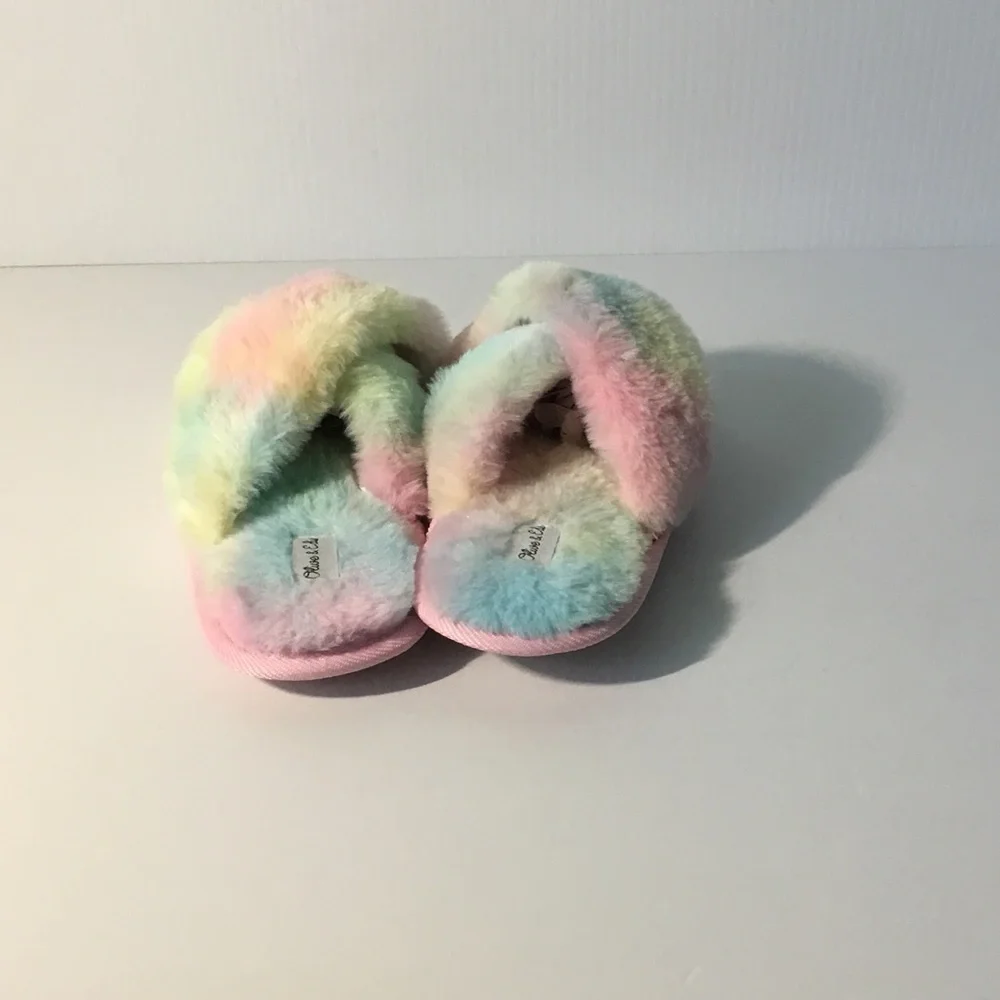 Kids Plush Cross-Band Slippers – Pastel Rainbow